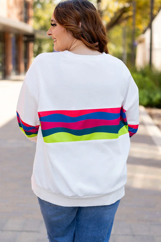 White Plus Size Colorful Striped Drop Shoulder Loose Sweatshirt - Windgat