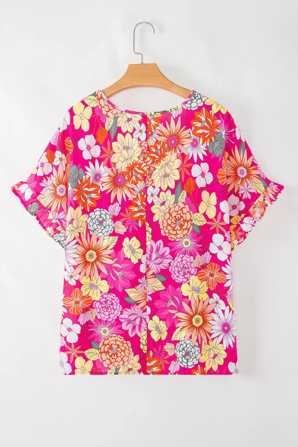 Rose Plus Size Floral Print Ruffle Short Sleeve Blouse - Windgat