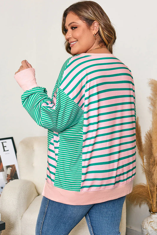 Green Stripe Color Block Exposed Seam Side Slit Plus Size Sweatshirt - Windgat
