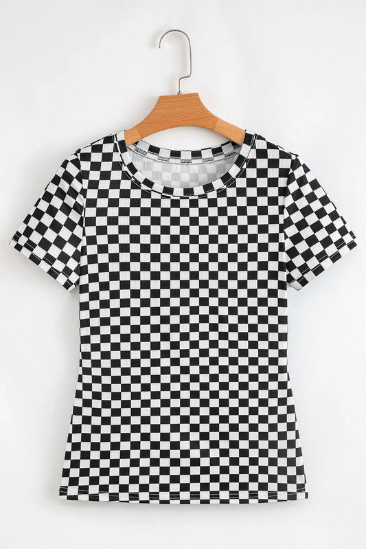Black Checkered Ribbed Slim Fit Crew Neck T Shirt - Windgat