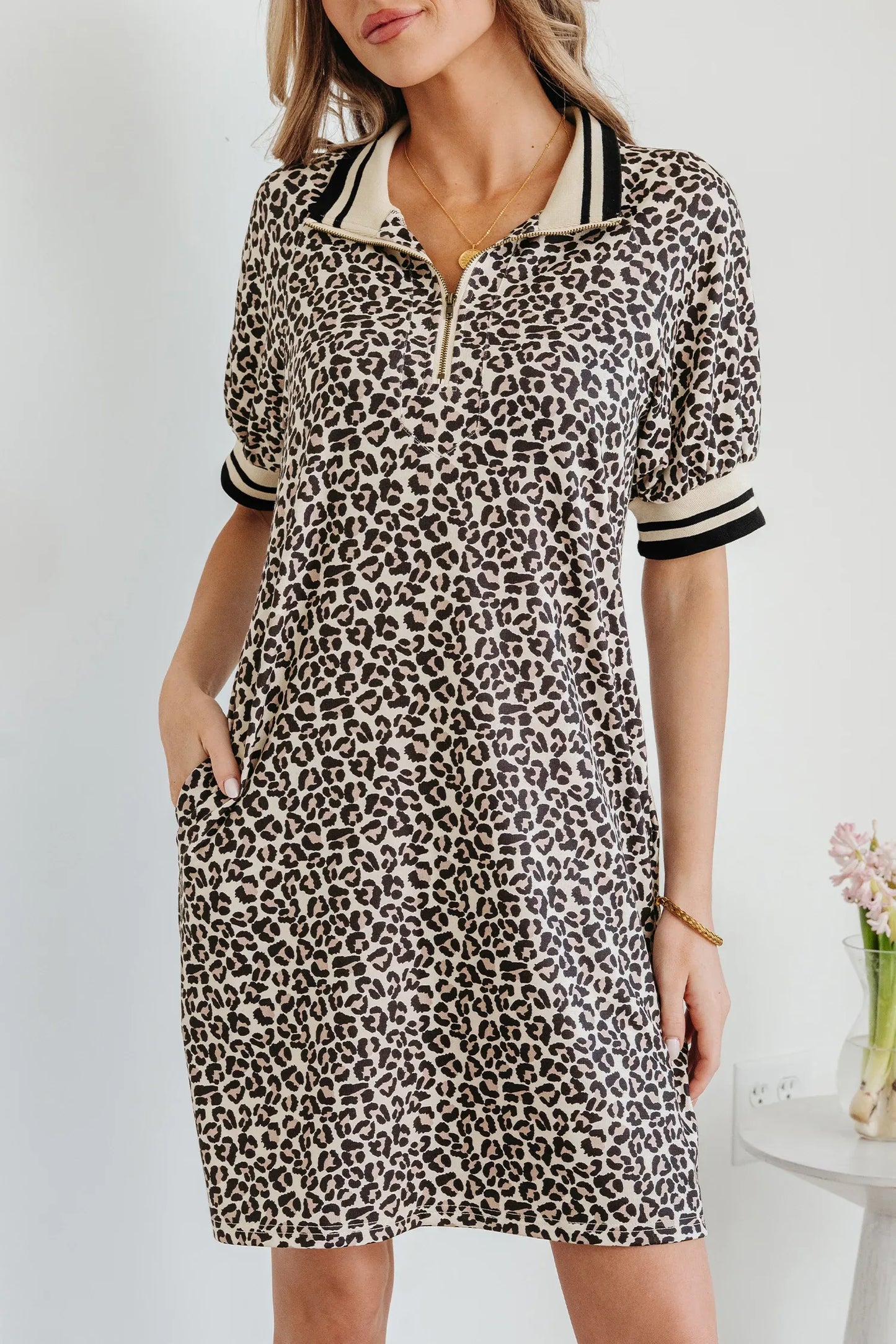 Khaki Leopard Print Zip Neck Striped Webbing Patchwork T Shirt Mini Dress - Windgat