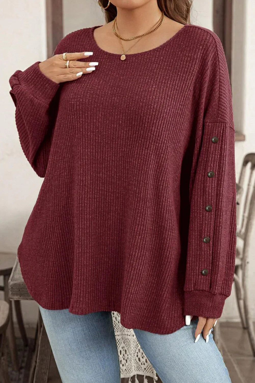 Wild Ginger Plus Size Ribbed Button Decor Long Sleeve Loose Top - Windgat