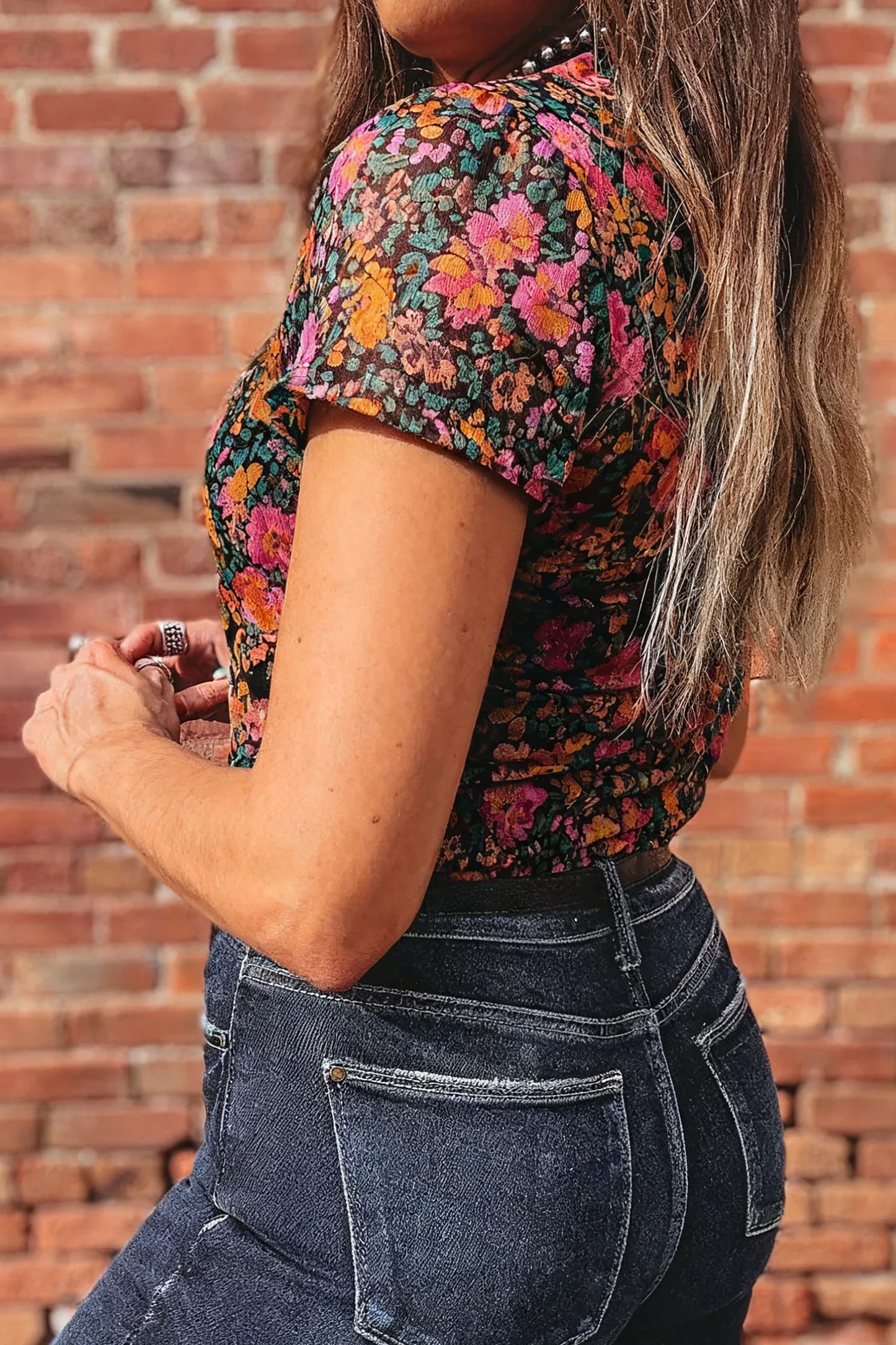 Rose Retro Floral Printed Mesh Short Sleeve Top - Windgat