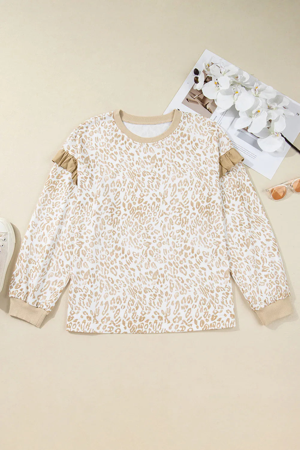 Khaki Plus Size Ruffled Arm Leopard Sweatshirt - Windgat