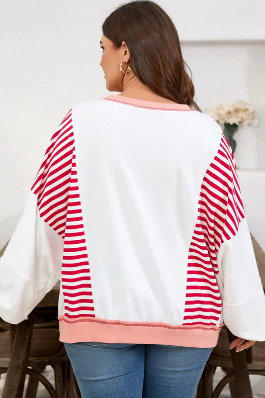 Red Stripe Color Block Patchwork Seam Detail Plus Size Sweatshirt - Windgat