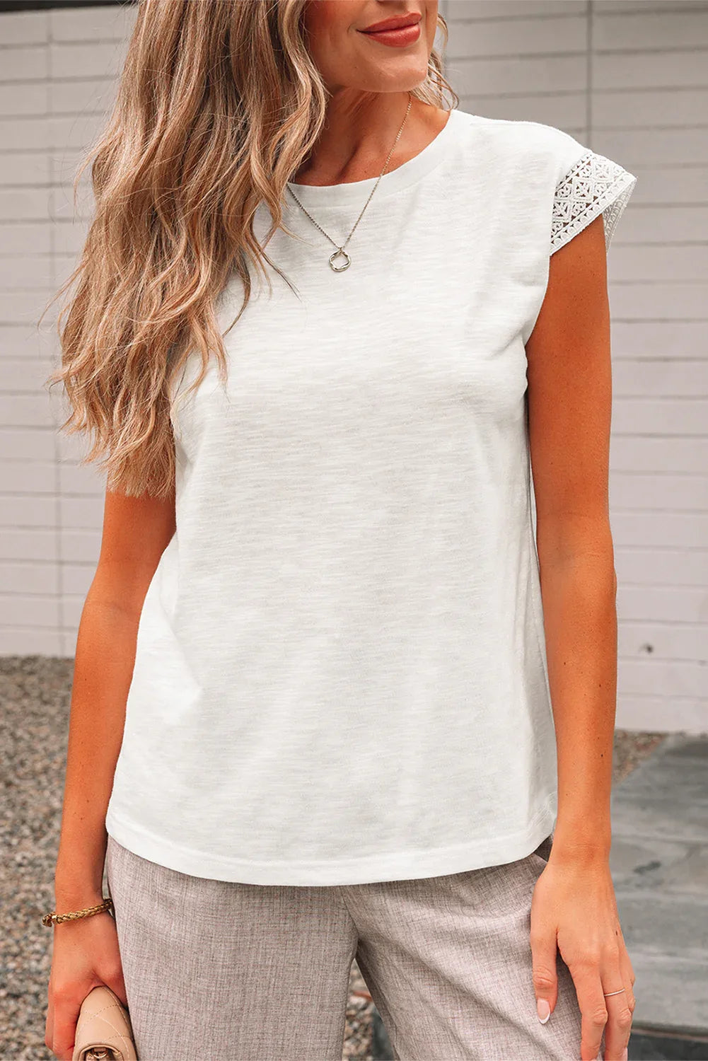 Yellow Cream Lace Patchwork Cap Sleeve Round Neck T Shirt - Windgat