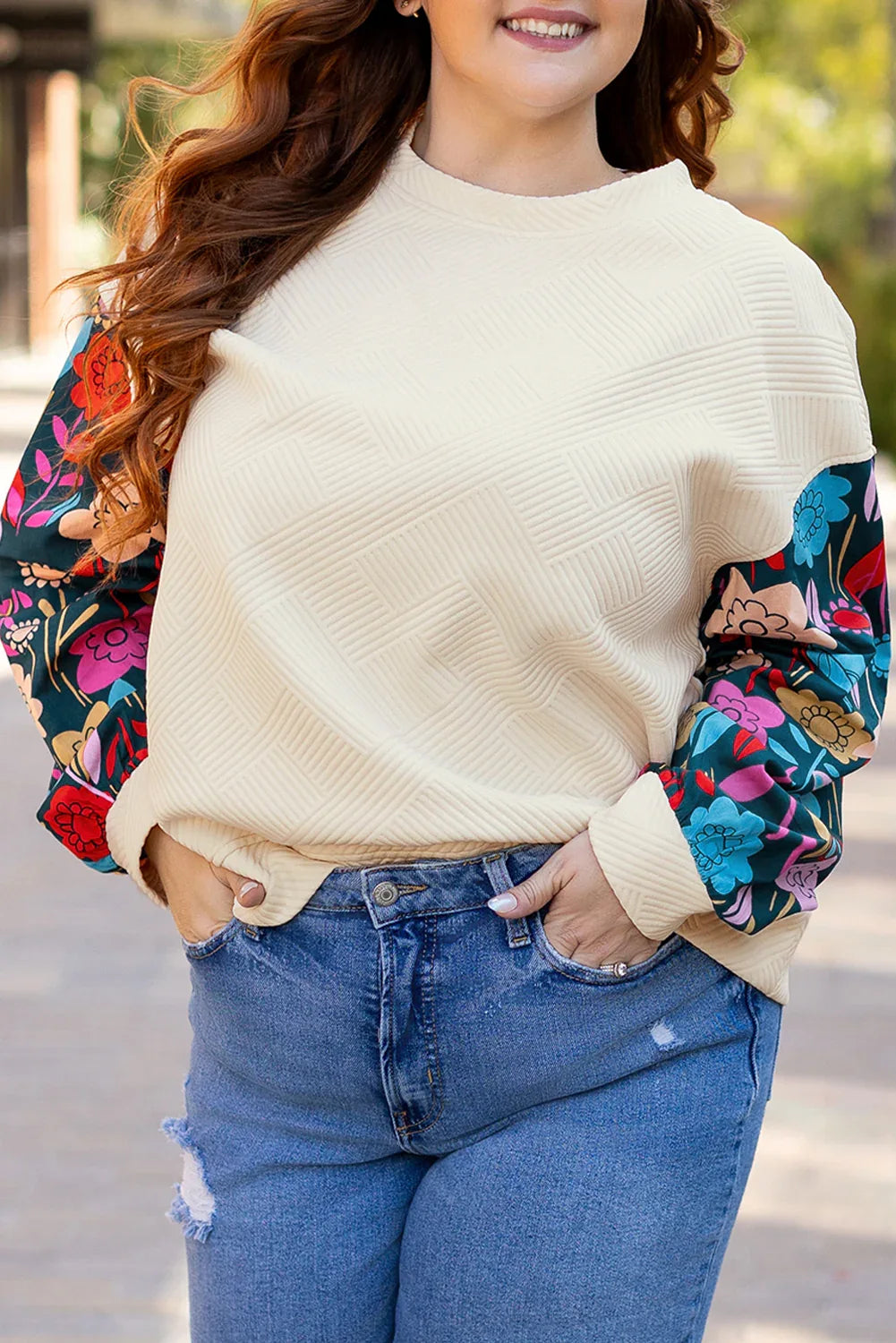 White Floral Patchwork Sleeve Textured Plus Size Pullover Top - Windgat
