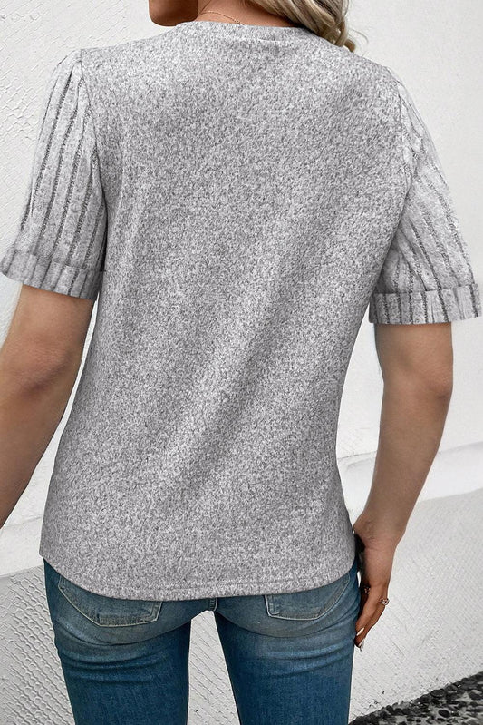 Gray Ribbed Splicing Sleeve Round Neck T-shirt - Windgat