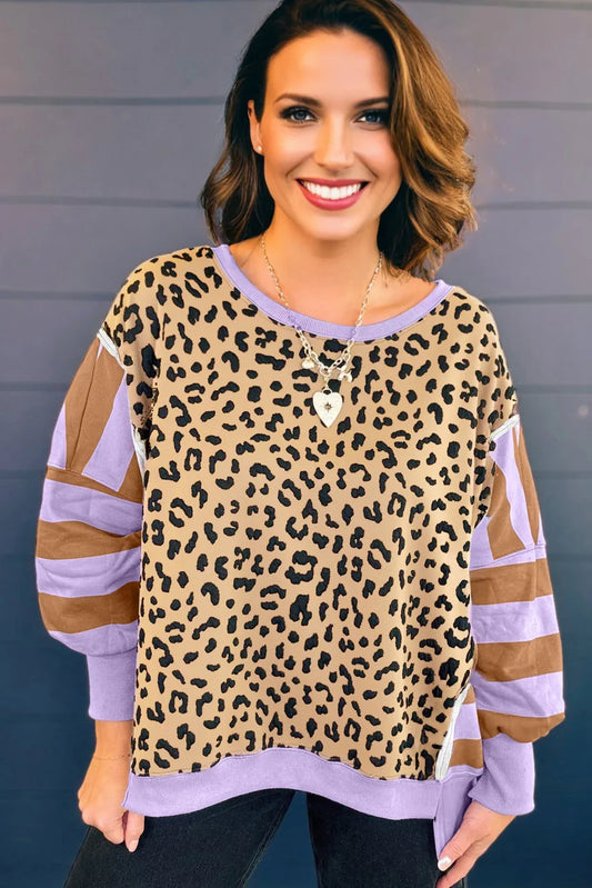 Purple Leopard Striped Patchwork Plus Size Loose Sweatshirt - Windgat