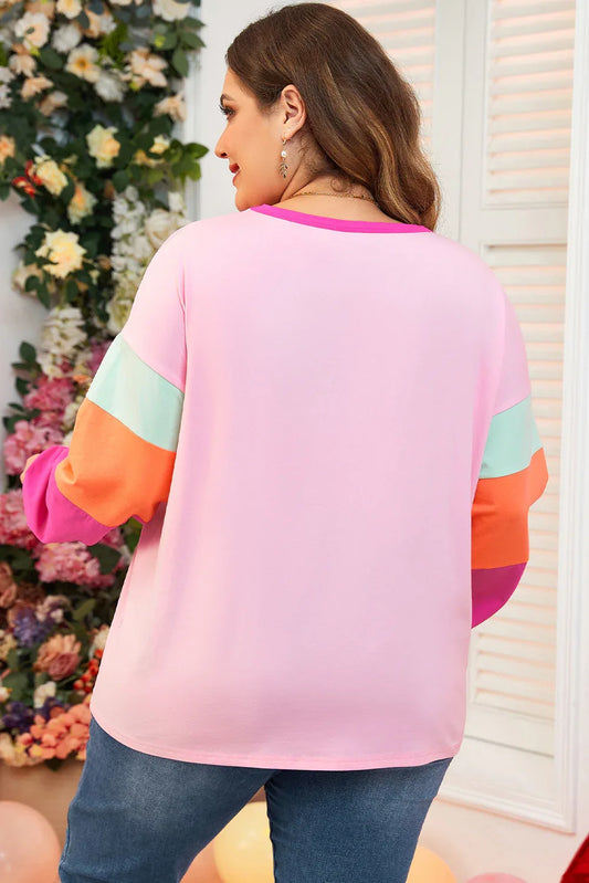 Pink Colorblock Patchwork Long Sleeve Plus Size Top - Windgat