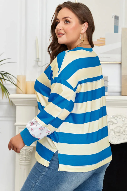 Blue Stripe Floral Color Block Drop Shoulder Plus Size Pullover Top - Windgat