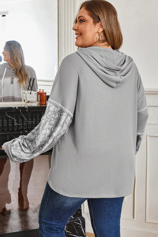 Gray Mixed Pattern Waffle Knit Patchwork Half Buttons Plus Hooded Top - Windgat