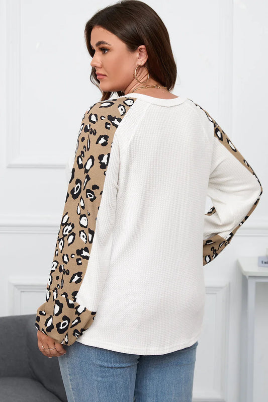 Beige Printed Plus Size Waffle Knit Contrast Leopard Long Sleeve Top - Windgat