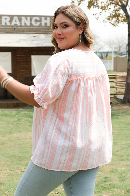 Pink Stripe Plus Size Tassel Tie Frilled Detail Short Sleeve Blouse - Windgat