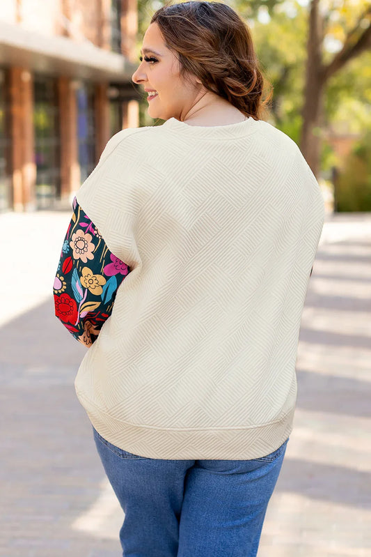 White Floral Patchwork Sleeve Textured Plus Size Pullover Top - Windgat