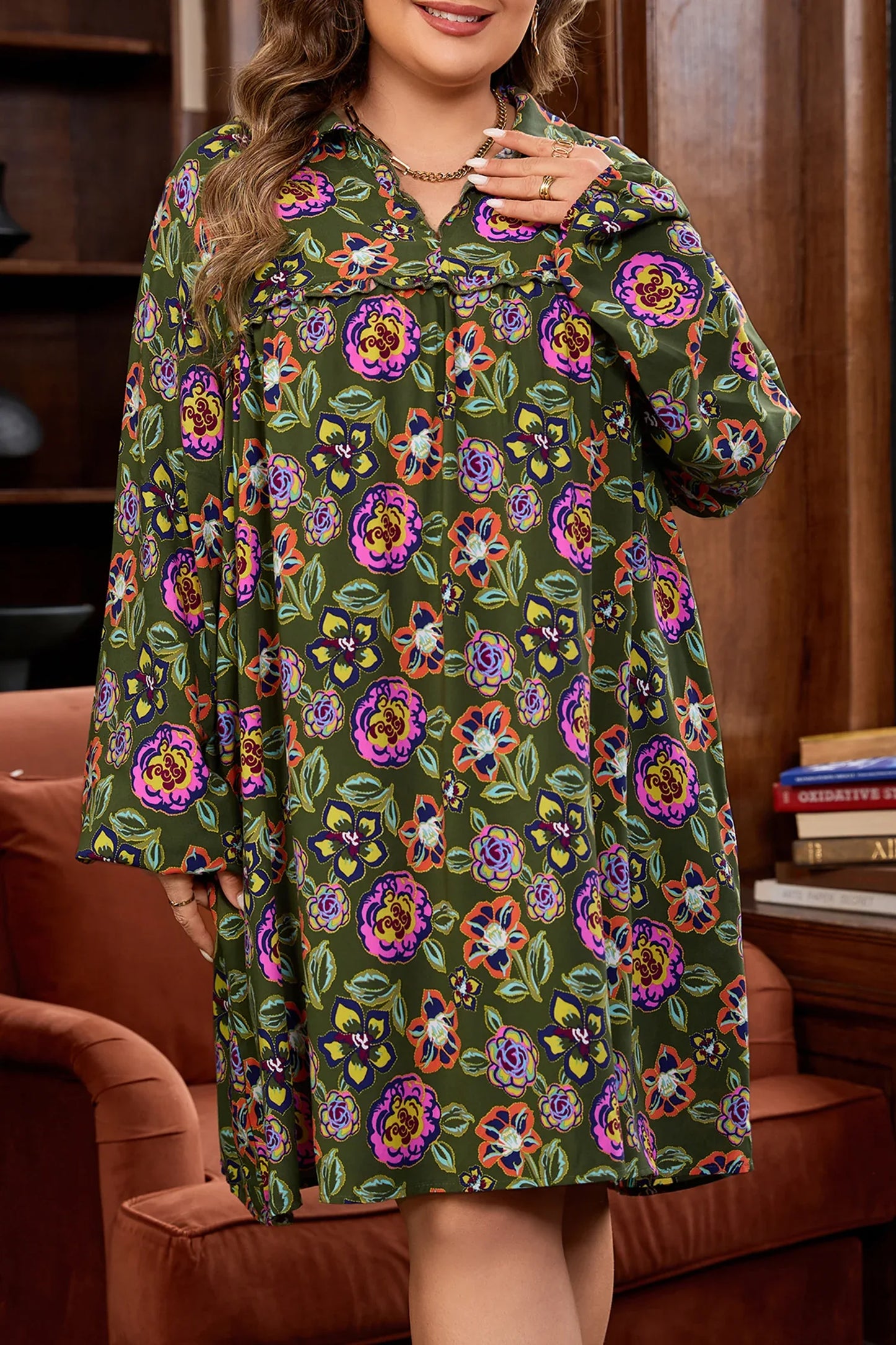 Green Plus Size Floral Print Collared V Neck Loose Mini Dress - Windgat