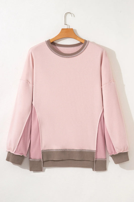 Light Pink Plus Color Block Waffle Patchwork Exposed Seam Baggy Sweatshirt - Windgat