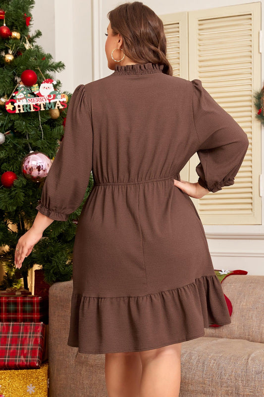 Coffee Plus Size Frilled Trim V Neck Puff Sleeve Textured Mini Dress - Windgat