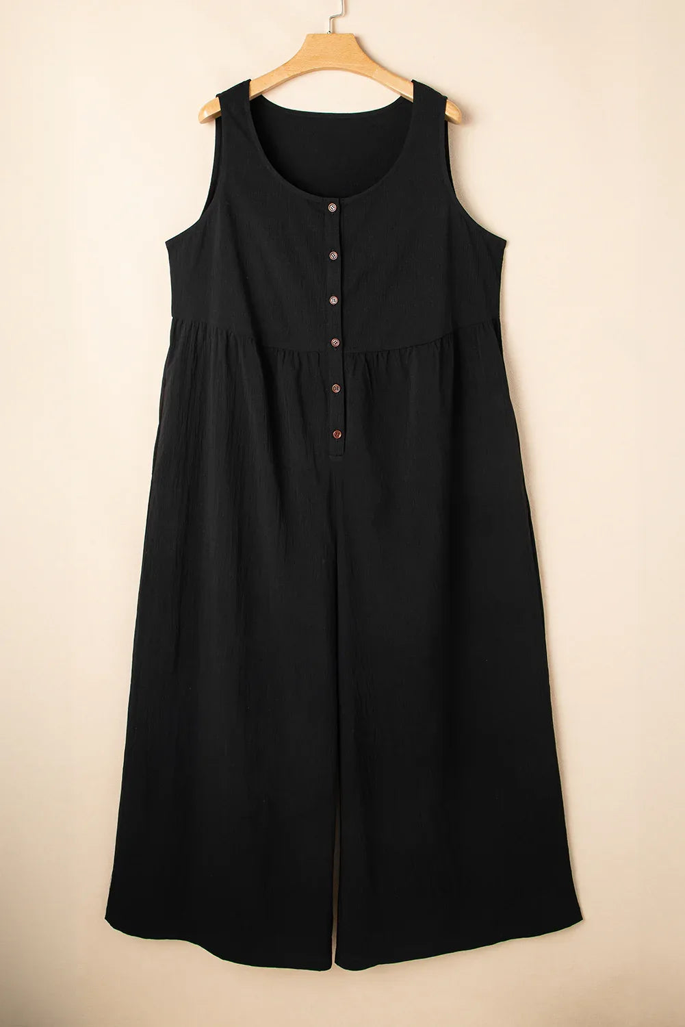 Black Plus Size Sleeveless Button Front Loose Jumpsuit - Windgat