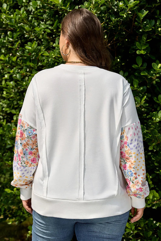 White Plus Size Exposed Seam Detail Contrast Dot Floral Patchwork Sleeve Sweatshirt - Windgat