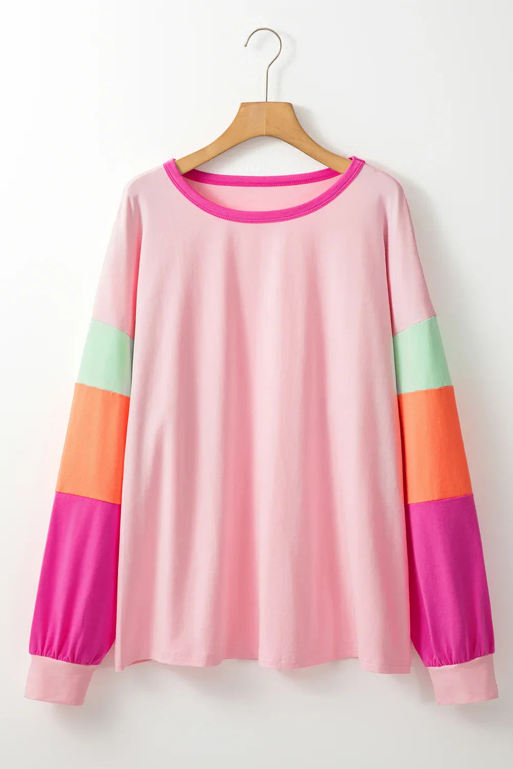 Pink Colorblock Patchwork Long Sleeve Plus Size Top - Windgat