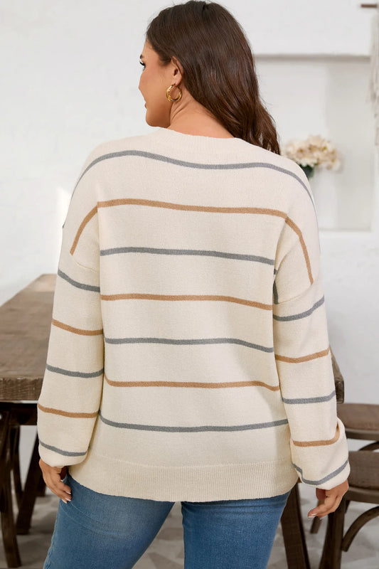 Multicolour Striped Drop Shoulder Plus Sweater - Windgat