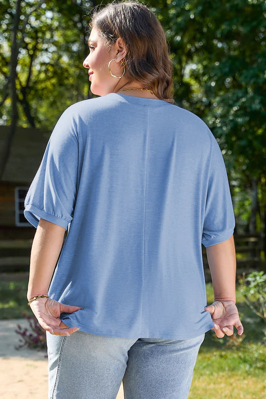 Sky Blue Leopard Print Patch Colorblock Plus Size T Shirt - Windgat