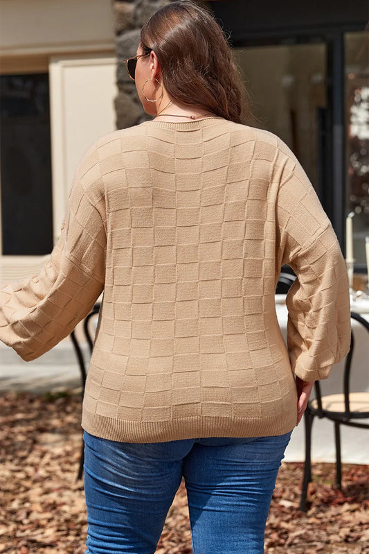 Light French Beige Solid Checkered Textured Knit Plus Size Sweater - Windgat
