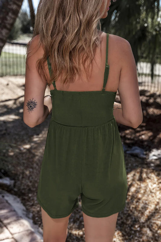 Moss Green Spaghetti Straps Cinched Waist Ribbed Romper - Windgat