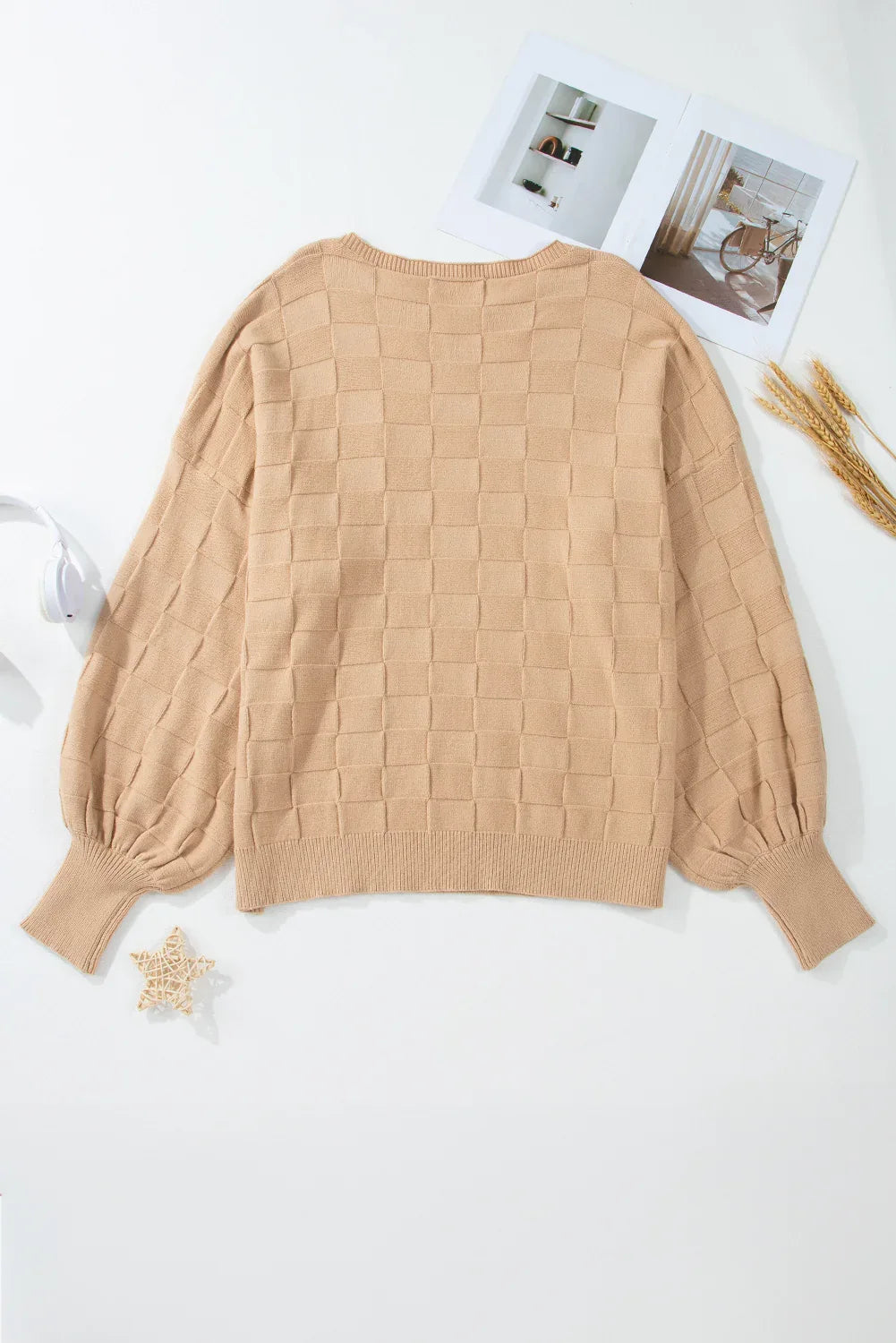 Light French Beige Solid Checkered Textured Knit Plus Size Sweater - Windgat