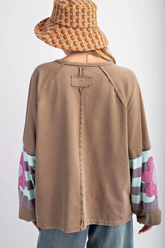 Light French Beige Flower Striped Patchwork Puff Sleeve Loose Sweatshirt - Windgat