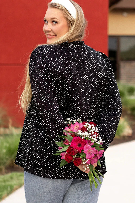 Black Plus Size Leopard Print Notch V Neck Blouse - Windgat