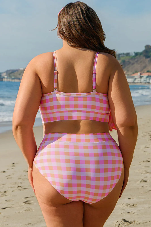 Pink Plus Size Plaid Print High Waist Bikini Set - Windgat