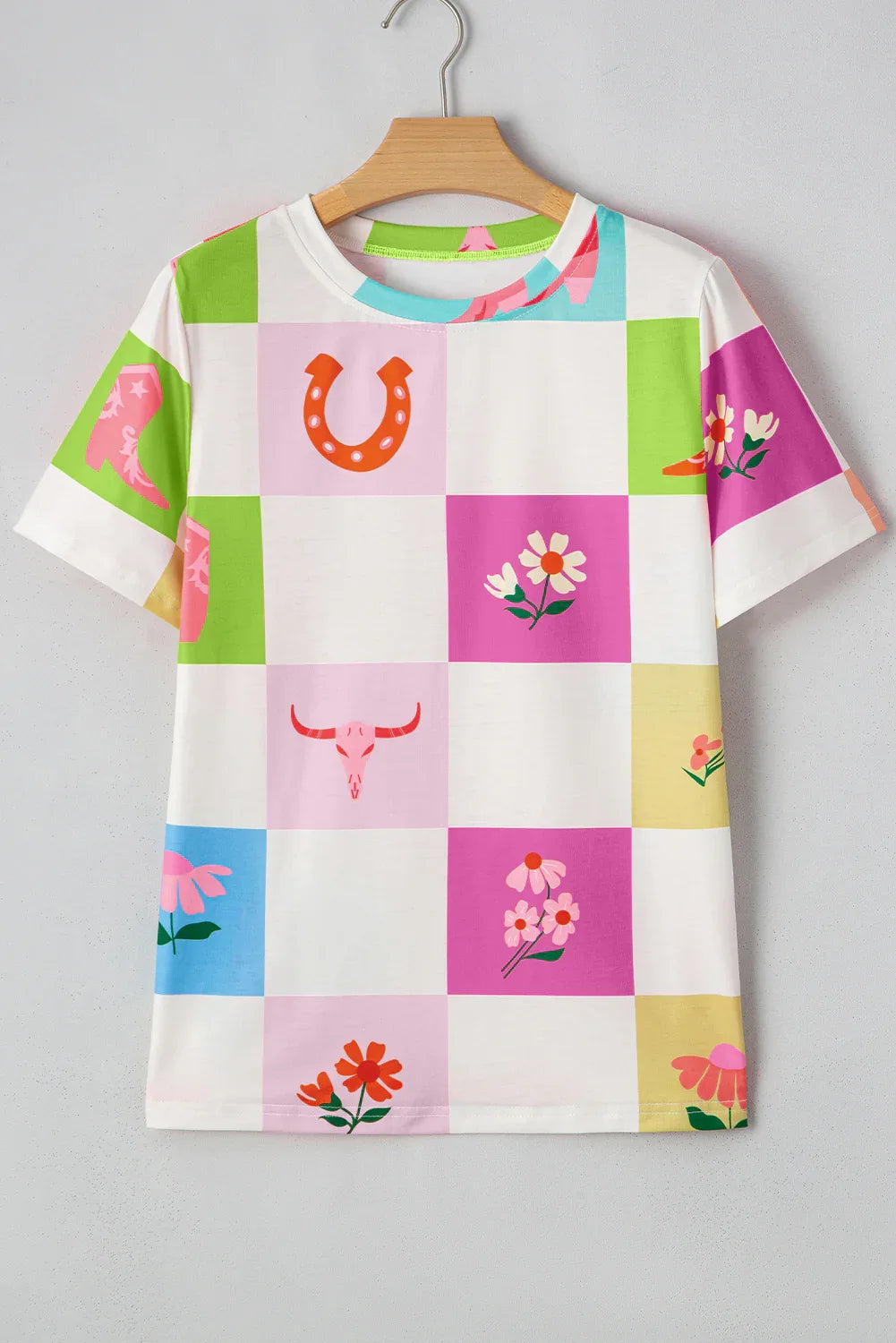 Sky Blue Western Fashion Checker Print Crewneck T Shirt - Windgat