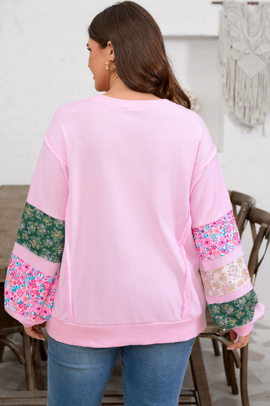 Pink Plus Size Mix Floral Patched Sleeve Ribbed Trim Baggy Sweatshirt - Windgat