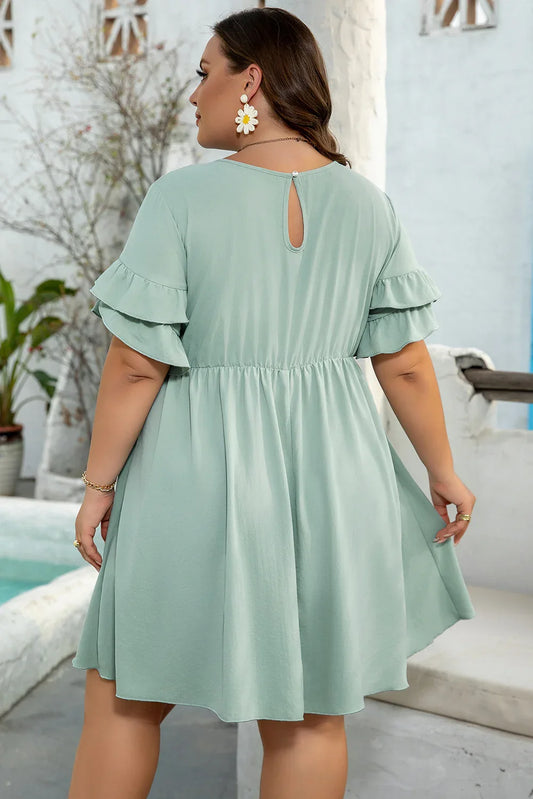 Grass Green Ruffle Trim Short Sleeve Plus Size Flared Mini Dress - Windgat