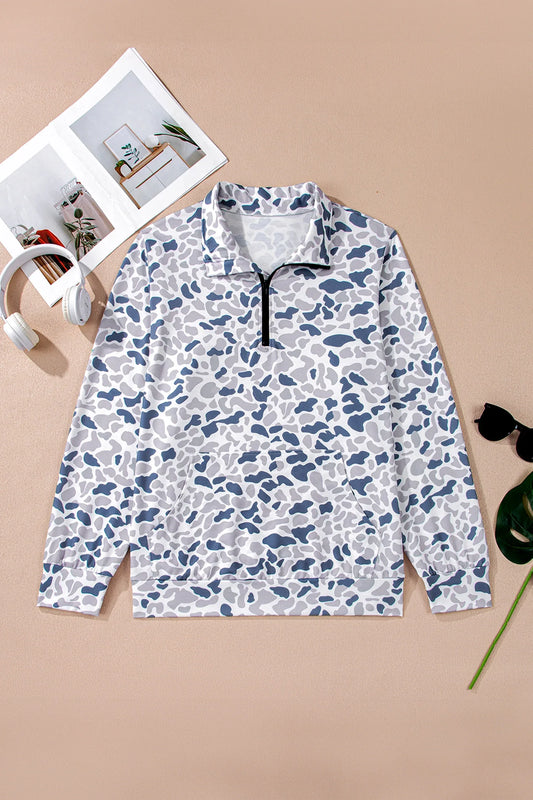 Multicolour Plus Camouflage Print Quarter Zip Kangaroo Pocket Pullover Sweatshirt - Windgat