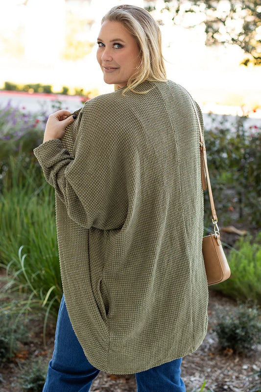 Seagrass Waffle Knit Drop Shoulder Open Front Pocketed Plus Size Cardigan - Windgat