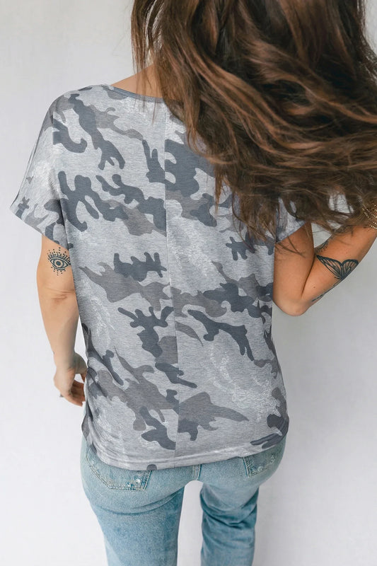 Gray Camouflage Print Round Neck T Shirt - Windgat
