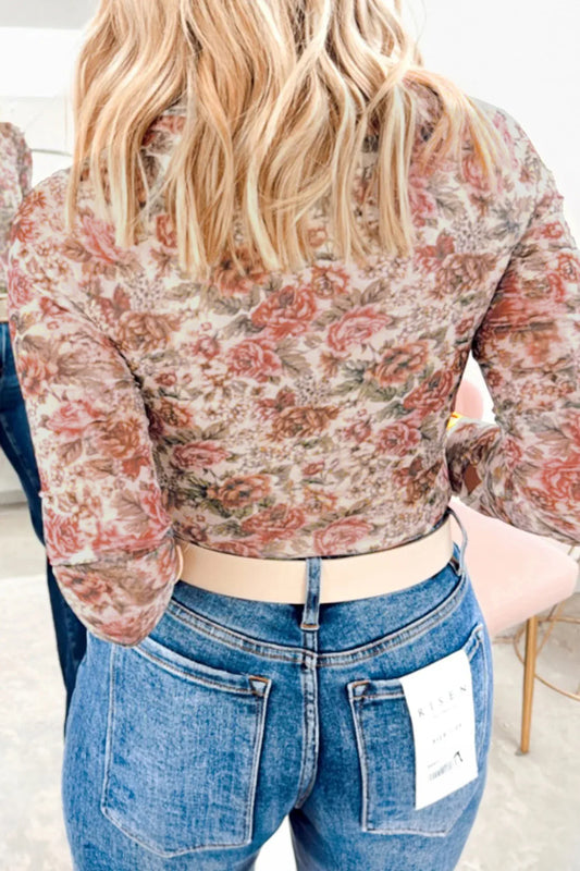 Pink Plus Size Floral Mock Neck Long Sleeve Slim Top - Windgat