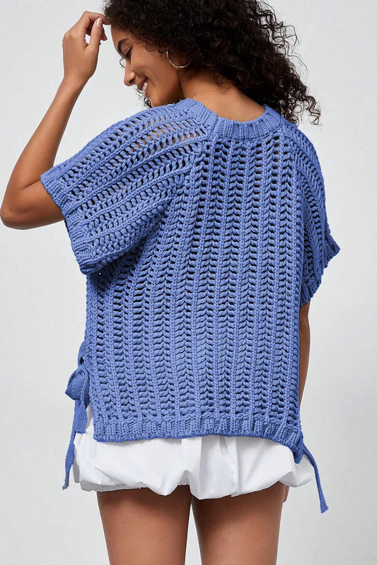 Apricot Plus Size Open Knit Bow Tie Short Sleeve Sweater - Windgat