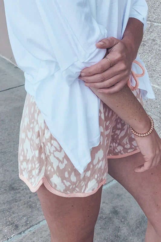 Khaki Classic Leopard Arched Hem Elastic Waistband Casual Shorts - Windgat