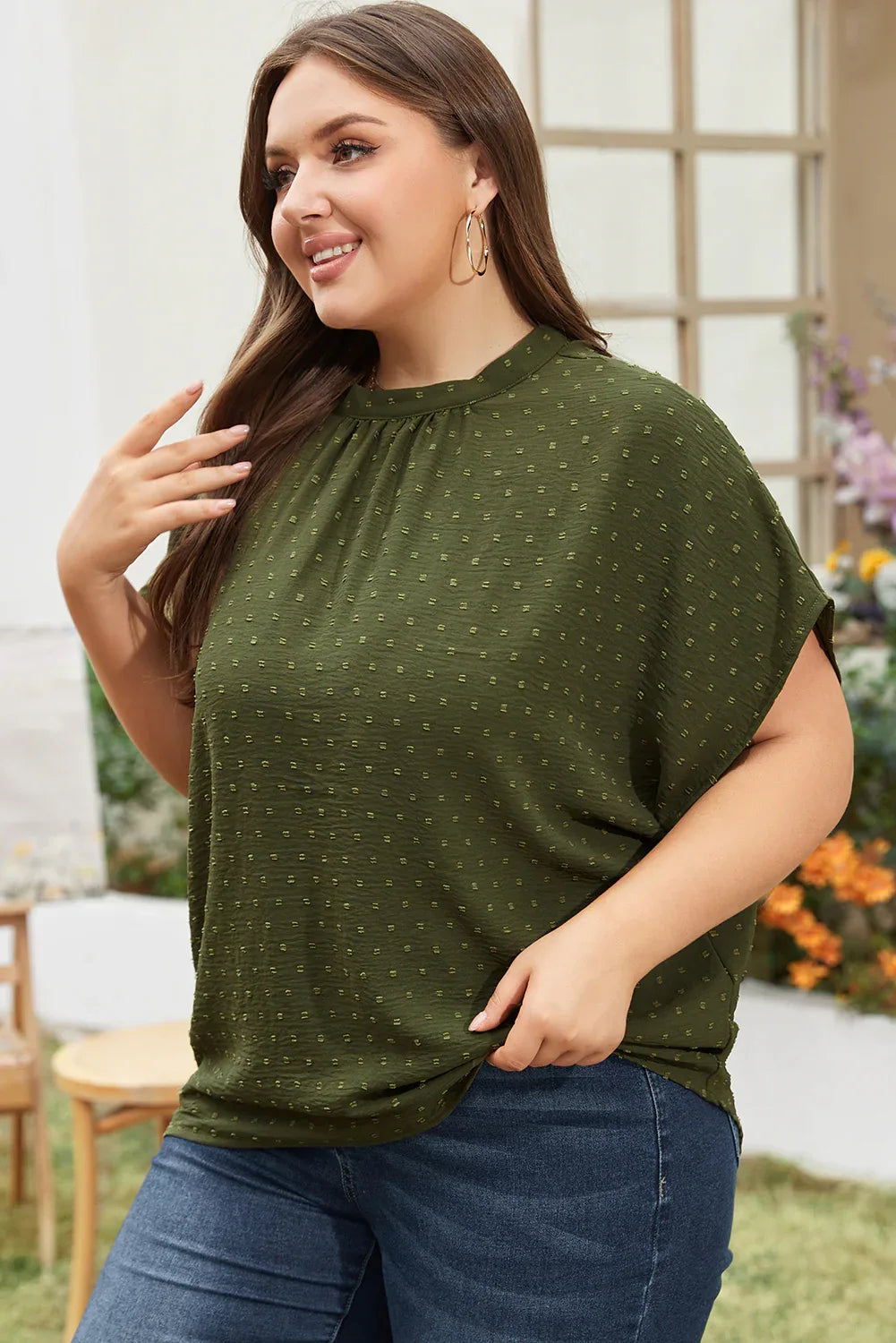 Moss Green Plus Size Swiss Dot Mock Neck Tied Nape Top - Windgat