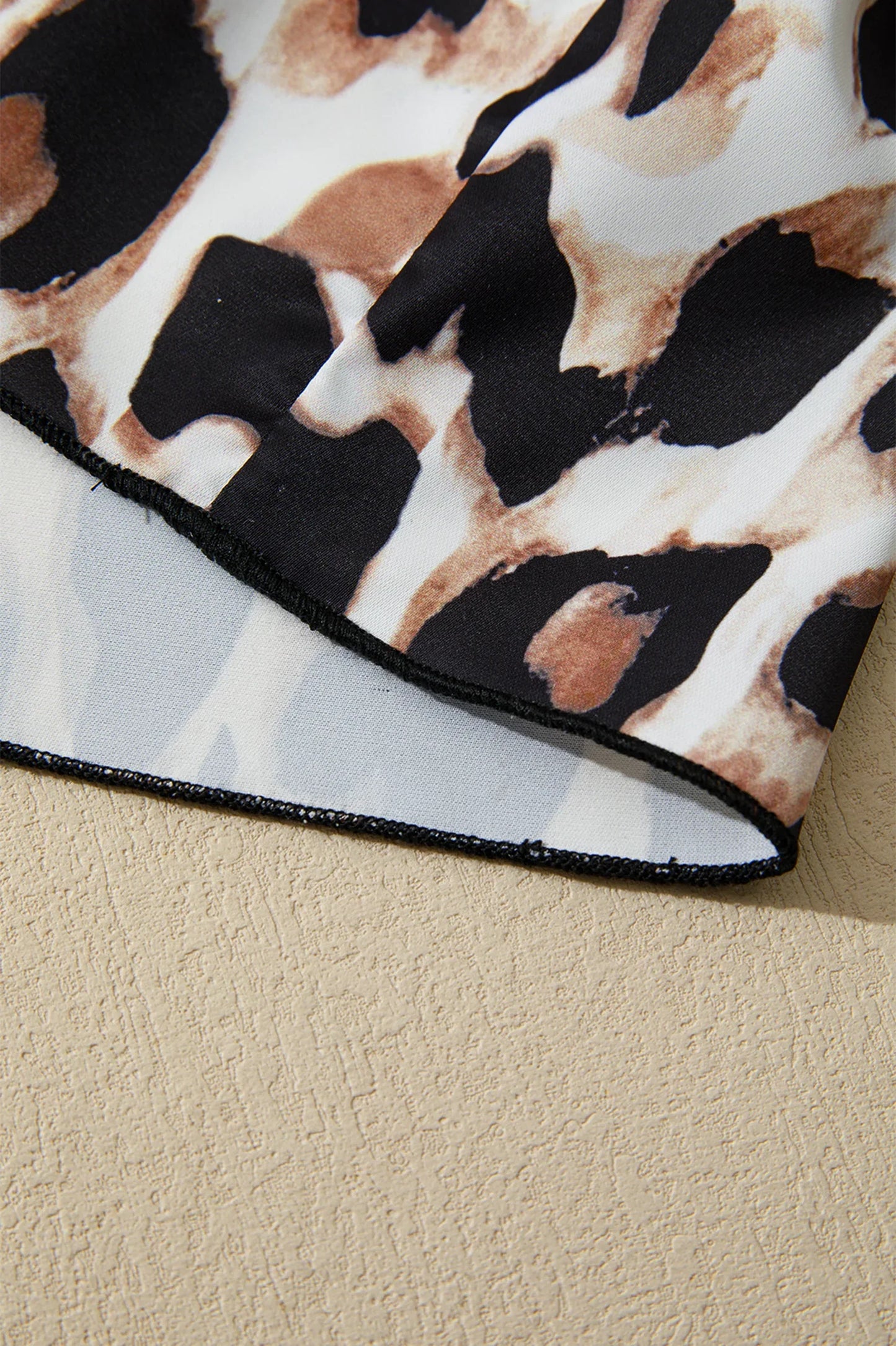 Black Plus Size Leopard Patchwork V Neck 3/4 Sleeve Ruffle Hem Mini Dress - Windgat