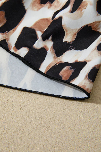 Black Plus Size Leopard Patchwork V Neck 3/4 Sleeve Ruffle Hem Mini Dress - Windgat