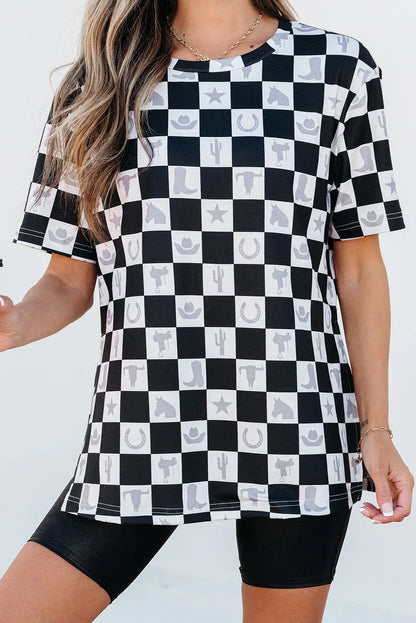 Black Western Fashion Checkerboard Print Side Split T Shirt - Windgat