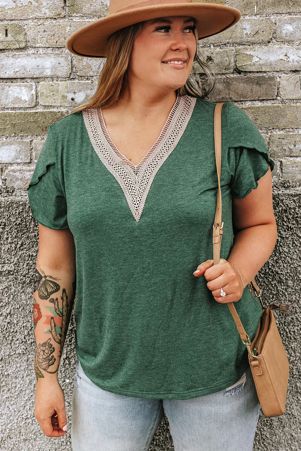 Blackish Green Plus Size Embroidery V Neck Draped Sleeve Blouse - Windgat
