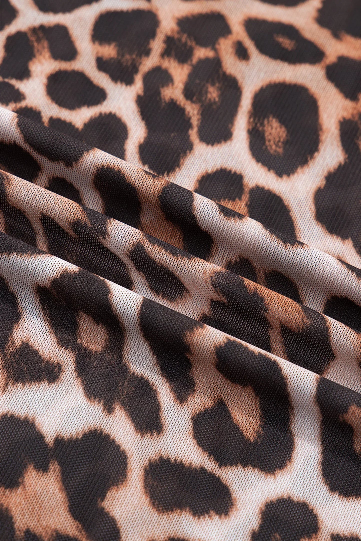 Brown Plus Size Mock Neck Leopard Mesh Top - Windgat