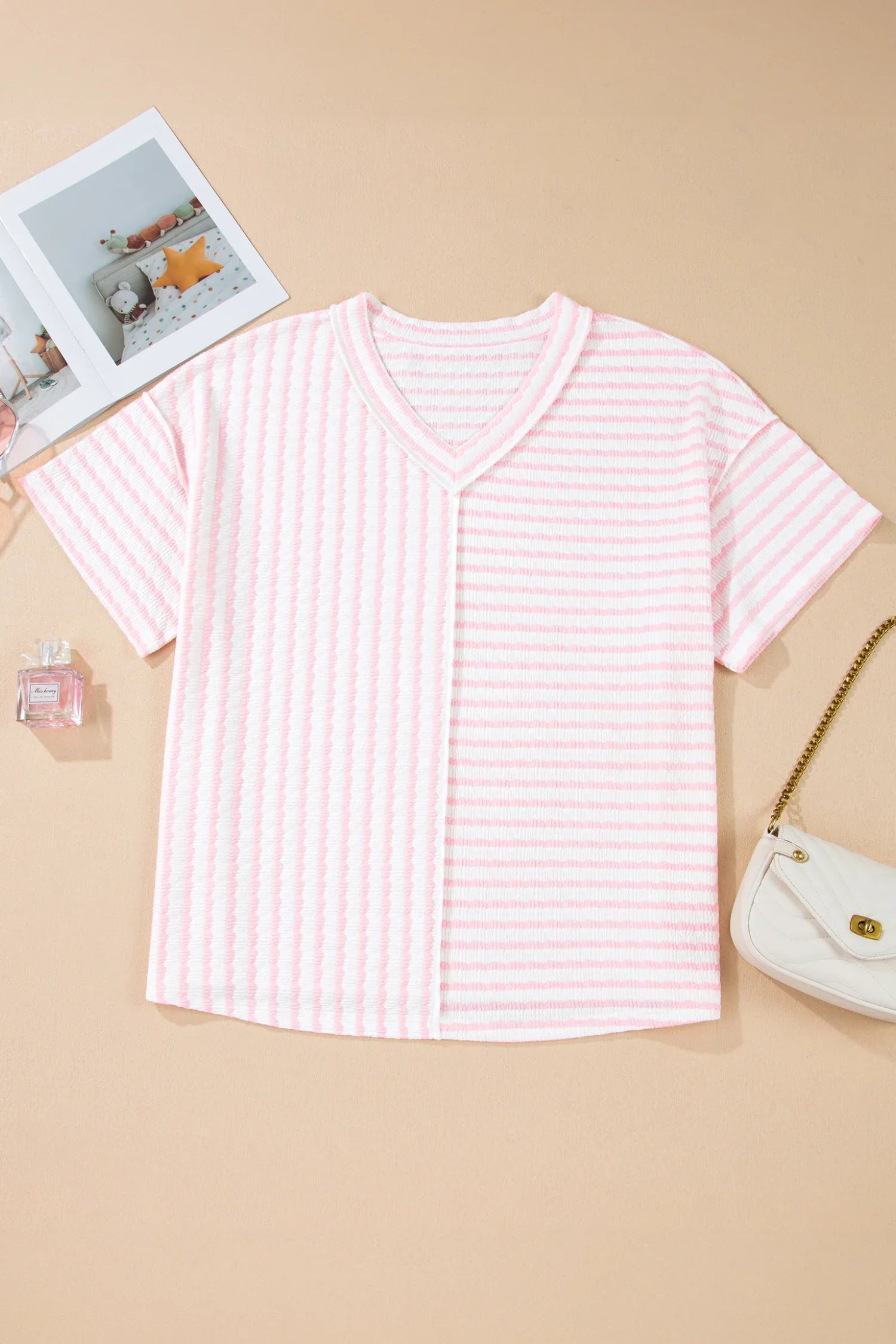 Pink Stripe Plus Size V Neck Exposed Seam Patchwork T Shirt - Windgat