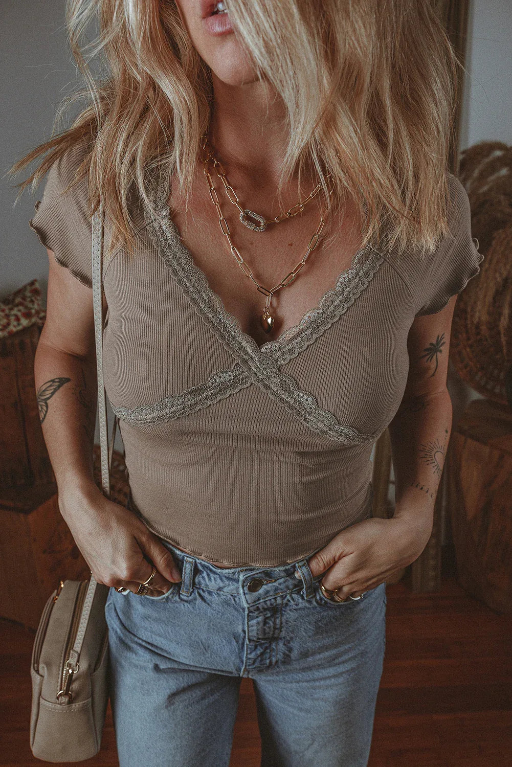 Dark Brown Lace Splicing Criss Cross Slim Fit V Neck T Shirt - Windgat